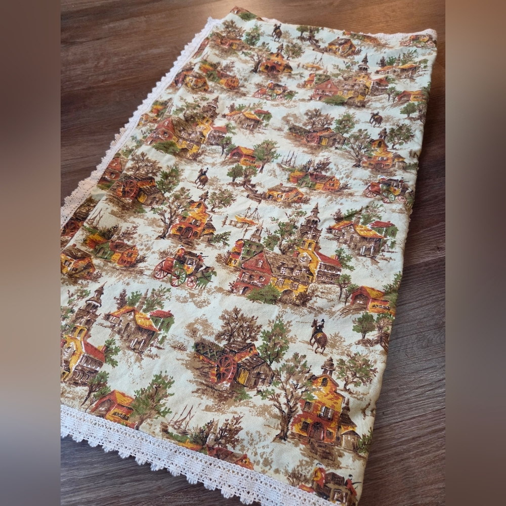 Vintage 70s Victorian Farm House Print Table Cloth Table Runner with Embroidered